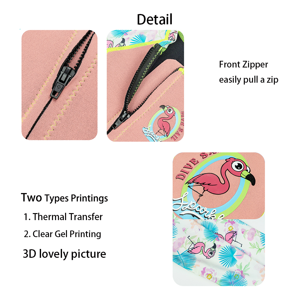 DIVE & SAIL Girls 2mm Flamingo Printings Front Zip One-Piece Shorty Snorkeling Wetsuit
