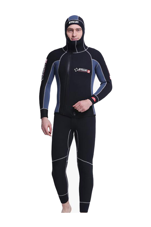 DIVE & SAIL Two Piece 5MM Hooded Blindstitch Front Zip Wetsuit for Men