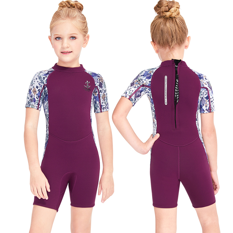 DIVE & SAIL Girls 2.5mm Short Sleeve Keep Warm One-piece Colorful Wetsuit for Swimming Scuba Diving