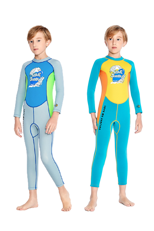 SABOLAY Boys 2mm Long Sleeve One-Piece Back Zip Colorful Wetsuit for Snorkeling Swimming